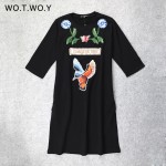 High Quality Autumn Thick T Shirt Dress Women Flower Animal Embroidery Cotton Casual Dresses Loose Half Sleeve T shirt Dress 096