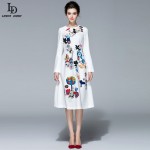 High Quality Fall Winter 2015 Designer Brand Runway Dress Women's Long Sleeve  Beading Character Pattern Casual White Dress