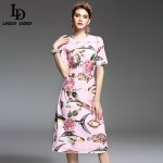 High Quality New 2017 Spring Summer Designer Runway Dress Women elegant Mid Calf Length Floral Embroidery Printed Pink Dress