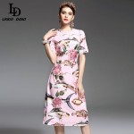 High Quality New 2017 Spring Summer Designer Runway Dress Women elegant Mid Calf Length Floral Embroidery Printed Pink Dress