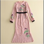 High Quality Pretty Women Lace Mermaid Dress O_neck Full Sleeve Pink Embroidery Sequins Slim Knee Length Bodycon Dress 