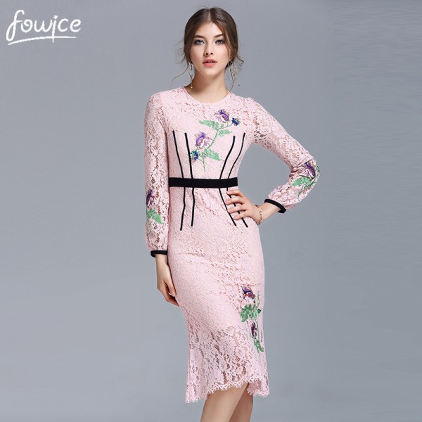 High Quality Pretty Women Lace Mermaid Dress O_neck Full Sleeve Pink Embroidery Sequins Slim Knee Length Bodycon Dress 