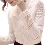High Quality Spring Autumn Women's Shirts Long-sleeved Blouses Slim Basic Tops Hollow Lace Shirts For Female J2531