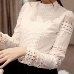High Quality Spring Autumn Women's Shirts Long-sleeved Blouses Slim Basic Tops Hollow Lace Shirts For Female J2531