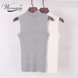 High Quality Summer Women Mock Neck Top Turtleneck Sleeveless T-shirt Slim Knitted Vest Female Tee Knitwear WS-088