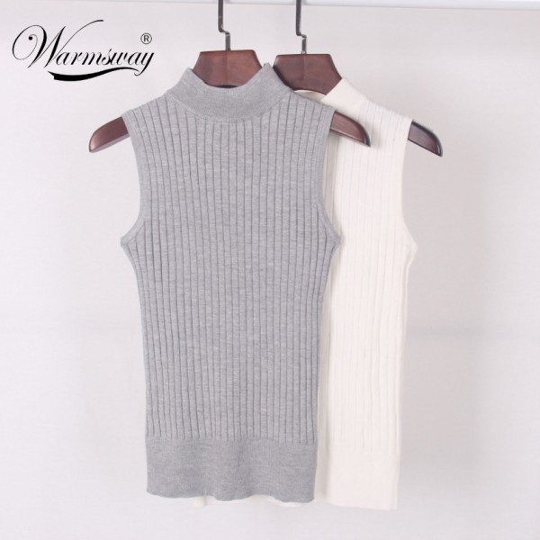 High Quality Summer Women Mock Neck Top Turtleneck Sleeveless T-shirt Slim Knitted Vest Female Tee Knitwear WS-088