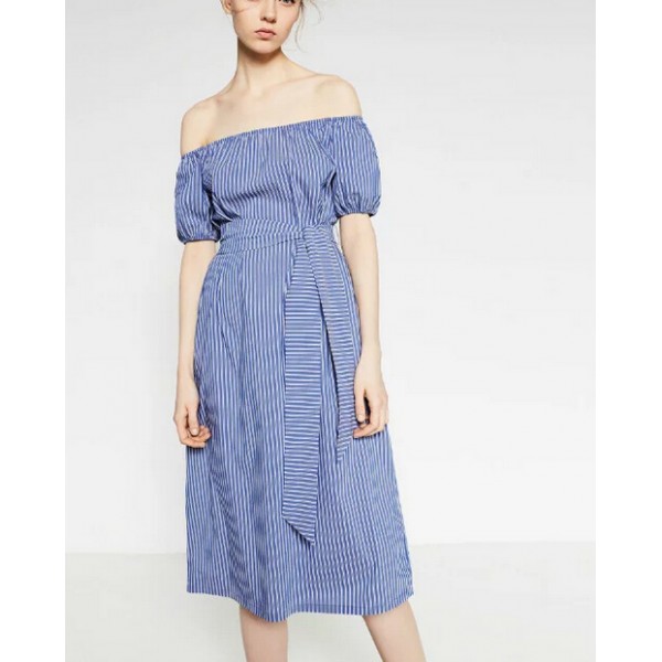 High Quality Vintage Lady Striped Print Short Sleeve Dress New Fashion Elegant off shoulder Slash Neck Sashes Dress Women S M L