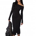 High Quality!! Women Charming Off The Shoulder Mid Calf Dress Long Sleeve Vogue Stylish Buttons Maxi Bodycon Sexy Club Dresses