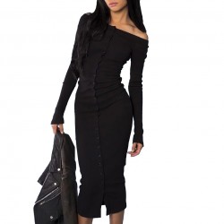 High Quality!! Women Charming Off The Shoulder Mid Calf Dress Long Sleeve Vogue Stylish Buttons Maxi Bodycon Sexy Club Dresses