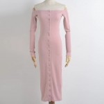 High Quality!! Women Charming Off The Shoulder Mid Calf Dress Long Sleeve Vogue Stylish Buttons Maxi Bodycon Sexy Club Dresses