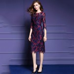 High Quatily Women Lace Dress 2017 Autumn Fashion Runway Dress Half Sleeve O-Neck Flower Print Bodycon Party Dresses Vestidos