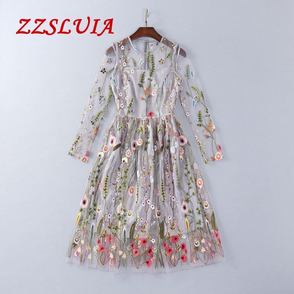 High quality 2017 new fashion autumn elegant embroidery floral patchwork designer O neck long sleeve one piece dress LKH208