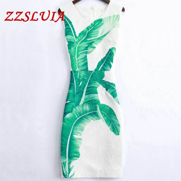 High quality 2018  new fashion elegant Banana leaf printed designer O neck sleeveless slim jacquard one-piece dress W4a615