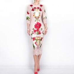 High quality New 2017 spring summer runway brand fashion women sexy lace dress floral rose embroidery elegant mid-calf dresses