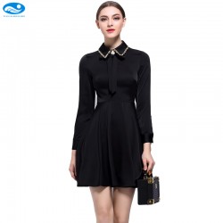 High quality pink office dress 2017 ladies satin dress long sleeve mini t shirt dress high waist summer chiffon dress