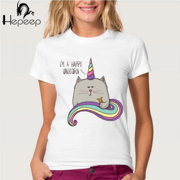 Hopuptee brand+I'm happy unicorn cat print T Shirt women's short sleeve cute tops tees