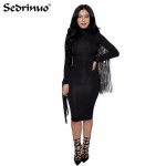 Hot Autumn Style Women Sexy Back Fringe Tassel Long Sleeve Fitted Slim Bodycon Dress Spring paragraph bandage party dress black