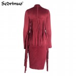 Hot Autumn Style Women Sexy Back Fringe Tassel Long Sleeve Fitted Slim Bodycon Dress Spring paragraph bandage party dress black