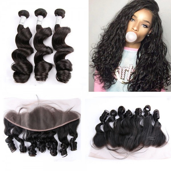 Hot Beauty Hair Pre Plucked Lace Frontal With Peruvian Virgin Hair Loose Wave 3pcs Malibu Dollface Recommend 4pcs/Lot