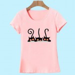 Hot New Fashion Summer Women's Casual Slim Short-Sleeved T-Shirt Camisas with Peek of Three Kittens Print HH026