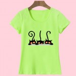 Hot New Fashion Summer Women's Casual Slim Short-Sleeved T-Shirt Camisas with Peek of Three Kittens Print HH026