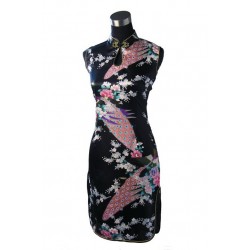 Hot Sale Black Chinese Womens Silk Rayou Mini Halter Cheongsam Qipao Dress Peafowl Size S M L XL XXL Free Shipping J5141