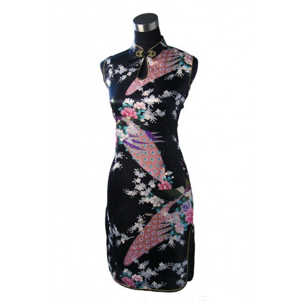 Hot Sale Black Chinese Womens Silk Rayou Mini Halter Cheongsam Qipao Dress Peafowl Size S M L XL XXL Free Shipping J5141