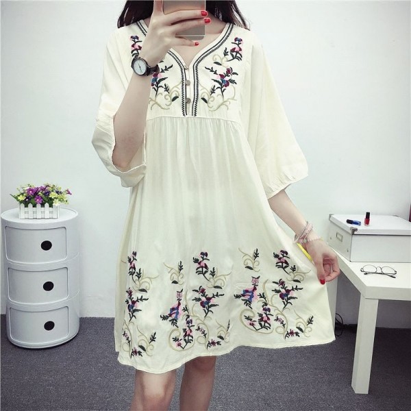 Hot Sale Free Shipping Vintage 70s Mexican Ethnic Embroidered Boho Hippie Loose Causel Women Chic Mini Dress