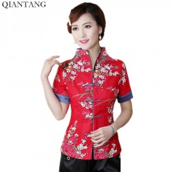 Hot Sale Red Traditional Chinese Blouse Women Cotton Linen Shirt Top V-Neck Short Sleeves Clothing Size M L XL XXL XXXL Mnz03B