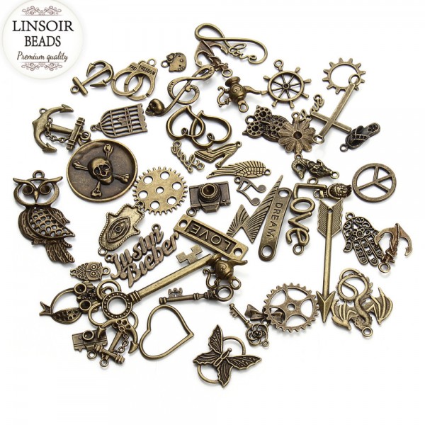 Hot Selling Mixed 50pcs/Lot Assorted Carved Charms Pendants Beads Metal Alloy Pendant Plated Antique Bronze Diy Bead F2677D