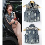 Hot Selling!Fashion Womens Sequin Bead Chain Denim Sleeveless Waist Jacket Outerwear Jean Vest