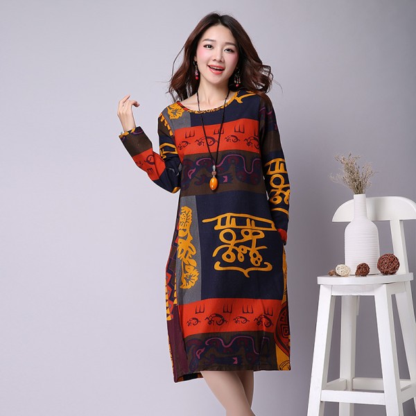 Hot sale 2016 Spring Linen Chinese Style women dress Loose long-sleeved O-neck Print Plus size M-XXL Casual dresses
