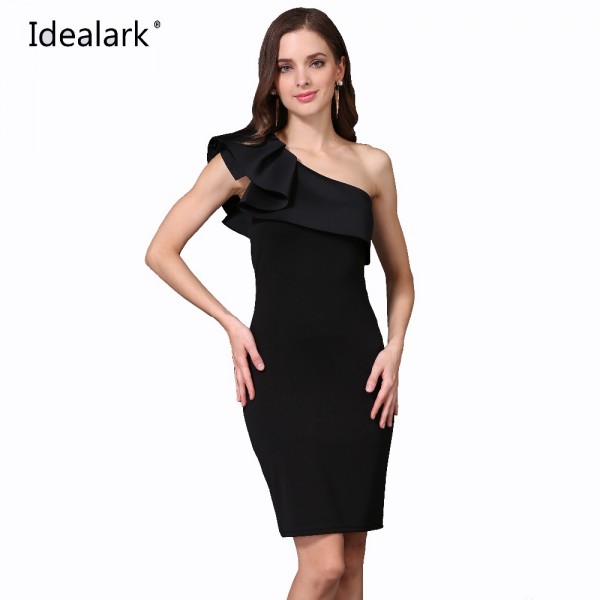 IDEALARK Sexy ruffles  Women Dresses one Shoulder Slim Solid Color Fashion Casual Dress bodycon dress Sleeveless party dress 