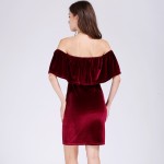 Idealark 2017 Velvet Bodycon Dress Ruffle Off The Shoulder Sexy club Women Short Sleeve solid color Mini Dress WC0595
