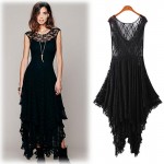 Irregular Lace Dress Boho Hippie Style Asymmetrical Embroidery Sheer Long Dresses Double Layered Ruffled Trimming Low No Lining