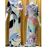 Italian Luxury Brands Women's Three Quarter Sleeves Geometric Print Maxi Long Jersey Silk Dress Designer Sheath Long Dress
