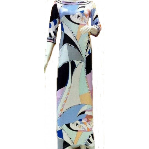 Italian Luxury Brands Women's Three Quarter Sleeves Geometric Print Maxi Long Jersey Silk Dress Designer Sheath Long Dress