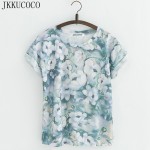 JKKUCOCO New Style Flowers printing t-shirts Cotton t shirt Women Tops Short Sleeve T shirt Casual Summer Tees Hot Tops 20 Model