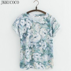 JKKUCOCO New Style Flowers printing t-shirts Cotton t shirt Women Tops Short Sleeve T shirt Casual Summer Tees Hot Tops 20 Model