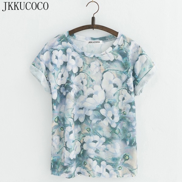 JKKUCOCO New Style Flowers printing t-shirts Cotton t shirt Women Tops Short Sleeve T shirt Casual Summer Tees Hot Tops 20 Model