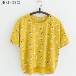 JKKUCOCO Nice Flowers Cotton T-shirt Women t shirt front short back long short Sleeve Casual T shirt Women t-shirt Hot Tops Tees
