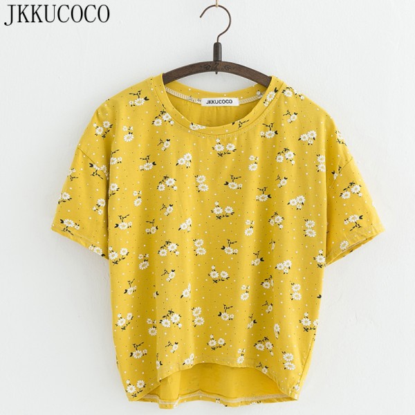 JKKUCOCO Nice Flowers Cotton T-shirt Women t shirt front short back long short Sleeve Casual T shirt Women t-shirt Hot Tops Tees