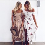 JRQIOT 2017 new women sexy side split summer dress off shoulder Vintage print maxi dress women beach dress vestidos plus size