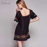 Jastie Vintage Black Elegant Dress Bohemian Summer Dress Embroidery Mini Square Collar Robe Femme Boho Beach Style Vestidos 2017