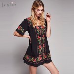 Jastie Vintage Black Elegant Dress Bohemian Summer Dress Embroidery Mini Square Collar Robe Femme Boho Beach Style Vestidos 2017