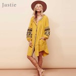 Jastie Vintage Embroidery Boho Dress Plus Size Women Dresses Lantern Sleeve Loose Beach Mini Dress Chic Casual Feminino Vestidos