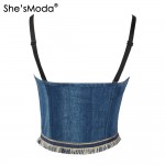 Jean Denim Tassels Zipper Push Up Bustier Women's Bralette Cropped Top Vest Plus Size