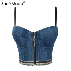 Jean Denim Tassels Zipper Push Up Bustier Women's Bralette Cropped Top Vest Plus Size