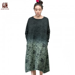 Jiqiuguer Brand women's vintage long-sleeve o-neck gradient color dresses medium-long print one-piece dress L153Y013