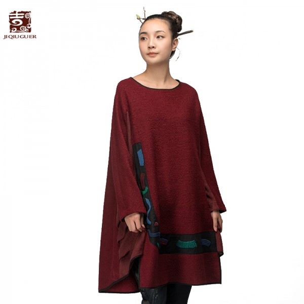 Jiqiuguer Ladies Long sleeve Wool Jackets Ethnic Autumn Winter Coats Appliqued Woolen Coats Woolen Outerwear G154Y008